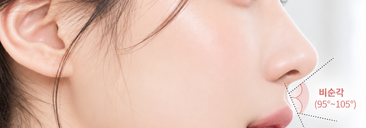 비순각교정 시 확인하는 코끝과 윗입술 사이 비순각 95~105도 측면 이미지
