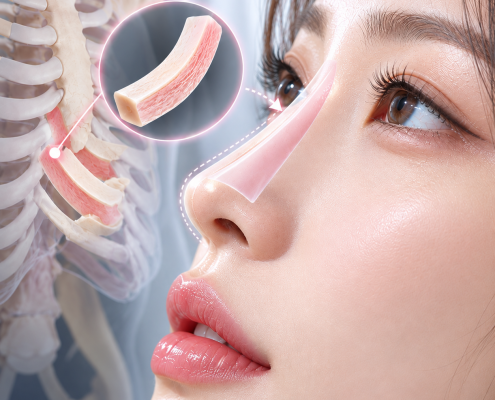 자가늑코수술에 사용되는 자가늑연골 채취 위치와 코 이식 구조를 나타낸 의료 모식도