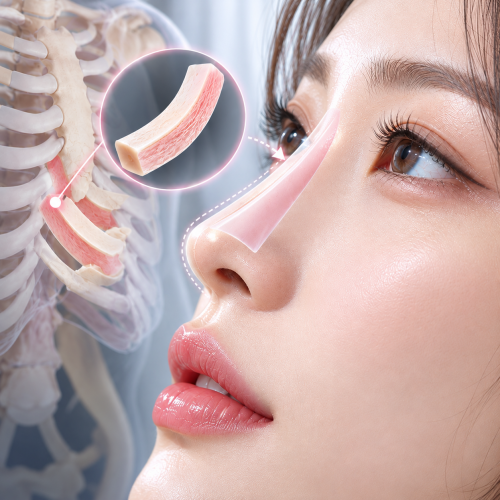 자가늑코수술에 사용되는 자가늑연골 채취 위치와 코 이식 구조를 나타낸 의료 모식도