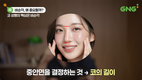 코성형에서 코의 길이가 중앙 얼굴 비율에 미치는 영향을 설명하는 이미지