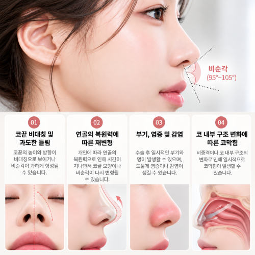 비순각교정 후 코끝 비대칭과 재변형, 부기 및 염증, 코막힘 등 부작용 안내